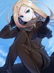  1girl blonde_hair blue_eyes blue_sky character_request clouds cloudy_sky copyright_request hand_in_own_hair long_hair parted_bangs pointing pointing_at_viewer sin_gun_woo sky solo 