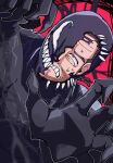  1boy @_@ beard black_hair claws clenched_teeth commentary_request eddie_brock facial_hair grin highres male_focus marvel red_background satou_(ultrmngrtsrt) sharp_teeth short_hair smile solo spider-man_(series) symbiote teeth upper_body venom_(2018) venom_(marvel) very_short_hair 