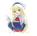  1girl blonde_hair blue_eyes blue_headwear blue_robe blush capelet cowlick cropped_torso holding holding_test_tube index_finger_raised kashima_miyako long_hair looking_at_viewer neckerchief open_mouth puyopuyo red_neckerchief robe simple_background solo test_tube very_long_hair white_background white_capelet witch_(puyopuyo) 
