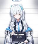  1girl absurdres blue_archive blue_necktie blush closed_eyes closed_mouth collared_shirt dated grey_hair halo highres jacket long_hair long_sleeves mechanical_halo necktie noa_(blue_archive) shirt solo sstthei suit two-sided_fabric two-sided_jacket upper_body white_jacket 
