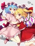  2girls :p bat_wings blonde_hair blue_hair dress frilled_dress frilled_skirt frills hat highres hug mob_cap multicolored_wings multiple_girls red_eyes ruhika siblings sisters skirt tongue tongue_out touhou wings 