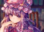  1girl :/ ayatsuki_sugure blue_bow blunt_bangs blurry blurry_background blush book bookshelf bow bowtie collared_shirt crescent crescent_hat_ornament hair_bow hand_on_own_chin hat hat_bow hat_ornament highres long_hair looking_at_viewer mob_cap patchouli_knowledge portrait purple_bow purple_bowtie purple_hair purple_headwear purple_shirt shirt sidelocks signature solo thinking touhou twitter_username violet_eyes 