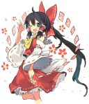  1girl absurdres ascot bare_shoulders black_eyes black_hair bow cropped_legs detached_sleeves feet_out_of_frame frilled_skirt frills hair_bow hair_tubes hakurei_reimu highres japanese_clothes long_hair looking_at_viewer morino_hon nontraditional_miko ofuda one_eye_closed open_mouth red_bow red_skirt ribbon-trimmed_sleeves ribbon_trim sidelocks simple_background skirt smile solo touhou white_background white_sleeves wide_sleeves yellow_ascot 