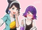  2girls :d black_hair blush bright_pupils cardigan closed_mouth collarbone commentary_request cowlick dot_(pokemon) freckles green_jacket hair_ornament hairband hairclip hand_up jacket liko_(pokemon) looking_at_viewer multiple_girls off_shoulder open_clothes open_jacket outline pink_background pokemon pokemon_(anime) pokemon_horizons purple_cardigan purple_hair selfie shirt sideways_glance signature smile sweatdrop tank_top tau_(tau_1111) v violet_eyes wavy_mouth white_pupils white_shirt yellow_bag 