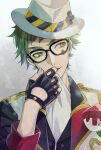  1boy black-framed_eyewear black_gloves club_(shape) facial_mark facial_tattoo fingerless_gloves flower glasses gloves green_hair hand_up hat hat_ornament kesyeru male_focus short_hair solo tattoo trey_clover twisted_wonderland upper_body white_background white_headwear 