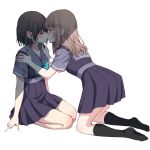  2girls absurdres black_socks blonde_hair bow bowtie brown_hair closed_eyes commentary_request dress green_bow green_bowtie grey_sailor_collar hands_on_another&#039;s_shoulders highres imminent_kiss kneehighs long_hair multiple_girls original purple_dress purple_serafuku sailor_collar school_uniform serafuku short_hair socks thighs tottoto_tomekichi white_background yuri 