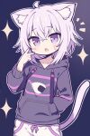  1girl ahoge animal_ear_fluff animal_ears black_hoodie blush cat_ears cat_girl cat_tail commentary_request drawstring hair_between_eyes hand_in_pocket hand_up hololive hood hood_down hoodie long_sleeves looking_at_viewer nekomata_okayu nekomata_okayu_(1st_costume) notice_lines open_mouth pants pink_hair puffy_long_sleeves puffy_sleeves ran_(ran_ran010) solo sparkle sweat tail violet_eyes virtual_youtuber white_pants 