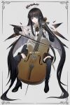  1girl absurdly_long_hair antenna_hair arknights artist_name ascot belt belt_buckle black_ascot black_eyes black_footwear black_gloves black_hair black_halo black_pouch black_shirt black_skirt black_thighhighs black_wings blunt_bangs bow_(music) broken_halo buckle buttons card card_background cello chinese_commentary cigarette_p closed_mouth collared_jacket colored_inner_hair commentary_request dark_halo detached_wings dress_shirt energy_wings gloves grey_hair halo hands_up high_heels highres hime_cut holding holding_bow_(music) holding_instrument holding_violin instrument invisible_chair invisible_floor jacket layered_sleeves light_smile long_hair long_sleeves looking_at_viewer miniskirt mole mole_under_eye multicolored_hair music pale_skin playing playing_instrument pleated_skirt pouch shirt short_over_long_sleeves short_sleeved_jacket short_sleeves sidelocks simple_background sitting skirt solo spread_legs strappy_heels thigh-highs two-tone_hair very_long_hair violin virtuosa_(arknights) weibo_logo weibo_username white_background white_belt white_jacket wide_sleeves wings zettai_ryouiki 