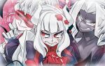  3girls black_horns demon demon_girl demon_horns demon_tail glowing glowing_eyes helltaker horns judgement_(helltaker) loremaster_(helltaker) lucifer_(helltaker) maid mechanical_arms multiple_girls red_eyes sennmannkai2929 sharp_teeth tail teeth white_eyes white_hair white_horns 