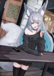  1girl absurdres animal_ear_fluff animal_ears aqua_hair black_nails black_skirt black_sweater black_thighhighs cellphone colored_inner_hair fox_ears fox_girl fox_shadow_puppet fox_tail grey_hair highres leaning_on_table long_hair long_sleeves looking_at_viewer multicolored_hair off-shoulder_sweater off_shoulder original phone plaid plaid_skirt skirt smartphone sweater table tail thick_eyebrows thigh-highs tongue tongue_out two-tone_hair yaho_nyan yellow_eyes 
