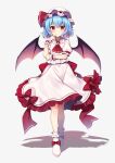  1girl ascot bat_wings blue_hair bow footwear_bow frilled_skirt frills hat highres mob_cap red_ascot red_eyes red_ribbon ribbon ruhika shadow skirt solo standing touhou white_footwear wings 