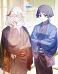  2boys bandaged_hand bandages black_hair blue_eyes blue_hair brown_kimono closed_eyes closed_mouth crossed_bangs genshin_impact hair_between_eyes hair_down hands_in_opposite_sleeves highres indoors japanese_clothes kaedehara_kazuha kimono leaf_print long_sleeves male_focus mmmymor multicolored_hair multiple_boys red_eyes sash scaramouche_(genshin_impact) sleepy streaked_hair white_hair wide_sleeves 