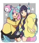  2girls bike_shorts black_hair blue_hair blunt_bangs blush border bow-shaped_hair character_hair_ornament collarbone elesa_(pokemon) finger_gun grey_border hair_ornament headphones highres iono_(pokemon) jacket kokashiho long_hair long_sleeves multicolored_hair multiple_girls open_mouth pink_hair pokemon pokemon_(game) pokemon_bw2 pokemon_sv sharp_teeth sidelocks sleeves_past_fingers sleeves_past_wrists star_(symbol) teeth two-tone_hair yellow_jacket 