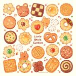  animal-themed_food animal_ears animal_focus artist_name bear bear_ears blush_stickers brown_eyes cherry commentary cookie english_commentary english_text floral_background food food_focus fruit heart-shaped_cookie meringue mixed-language_commentary no_humans okashi_nao original pretzel solid_oval_eyes star-shaped_cookie white_background 