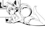  +_+ 1girl animal_ears barefoot book closed_mouth commentary cup dolphin_shorts drinking_glass ear_covers greyscale hair_ornament head_rest horse_ears horse_girl horse_tail indoors leg_up lineart looking_at_viewer looking_back loungewear lying matikanefukukitaru_(umamusume) monochrome on_stomach reading short_shorts shorts single_ear_cover solo tail takanaga_kouhei tank_top the_pose umamusume window 