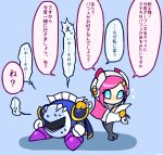 1boy 1girl armor blue_background blue_cape blue_eyes cape disembodied_limb full_body gloves kirby:_planet_robobot kirby_(series) mask meta_knight orusuta961 pauldrons pink_hair shoulder_armor simple_background susie_(kirby) sweat translation_request white_gloves yellow_gloves