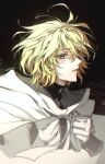  1boy black_background blonde_hair clenched_hand commentary_request gloves hand_up highres hyakuya_mikaela korean_commentary looking_at_viewer m_m_pb male_focus owari_no_seraph parted_lips sideways_glance simple_background solo twitter_username upper_body white_gloves 