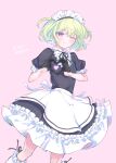  1boy :t absurdres alternate_costume alternate_hairstyle ankle_socks apron black_dress black_gloves black_ribbon crossdressing dress frills gloves green_hair heart heart_hands highres light_blush lio_fotia maid maid_headdress male_focus one_eye_closed otoko_no_ko pink_background promare puffy_short_sleeves puffy_sleeves ribbon short_hair short_sleeves simple_background socks solo standing two_side_up umeshiso violet_eyes waist_apron white_apron white_socks 