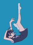  armpit_crease arms_up blue_background blue_hair bottomless crossed_legs dark_blue_hair expressionless falling highres legs_up looking_at_viewer original oversized_clothes socks soles start_furuike white_socks 
