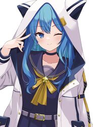  1girl animal_hood belt belt_buckle blue_eyes blue_hair buckle choker highres hololive hood hooded_jacket hoshimachi_suisei hoshimachi_suisei_(school_uniform) jacket kamachi_(kamati0maru) ribbon school_uniform solo star_(symbol) star_in_eye symbol_in_eye yellow_ribbon 