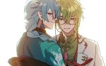  2boys :3 blue_eyes blue_hair blue_shirt braid bright_pupils chinese_clothes closed_mouth coat commentary earrings eyewear_strap fragaria_memories glasses green_hair green_shirt grin hair_between_eyes hair_over_shoulder hangyon_(fragaria_memories) jewelry lapels long_hair looking_at_viewer looking_back male_focus mandarin_collar multiple_boys notched_lapels open_clothes open_coat pikero_(fragaria_memories) pointy_ears purple-tinted_eyewear shirt simple_background smile symbol-only_commentary tassel tassel_earrings tinted_eyewear upper_body violet_eyes white_background white_coat white_pupils yanduxian 