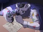  1boy absurdres black_background black_claws claws desk drawing furry furry_male grey_fur highres holding holding_pencil hyena_boy hyena_ears lamp pajamas pencil spot_(arknights) sword weapon weibo_logo weibo_username xian_goutou_hz 