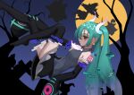  1girl absurdres aqua_hair black_thighhighs detached_sleeves floating from_side gengar ghost ghost_miku_(project_voltage) glitch gradient_hair graveyard grey_shirt hatsune_miku highres kaisenkurage litwick long_hair mimikyu mismagius moon multicolored_hair necktie night pokemon pokemon_(creature) project_voltage pumpkaboo shirt skirt sleeves_past_fingers sleeves_past_wrists thigh-highs tombstone tree twintails very_long_hair vocaloid will-o&#039;-the-wisp_(mythology) yellow_eyes 