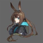  1girl amiya_(arknights) animal_ears arknights ascot black_jacket blue_ascot blue_collar blue_eyes brown_hair collar grey_background hair_between_eyes hood hood_down hooded_jacket jacket jewelry long_hair maka_hanatsume neck_ring ponytail rabbit_ears rabbit_girl sidelocks simple_background solo very_long_hair 