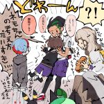  1boy 3girls arven_(pokemon) black_hair blue_hair brown_hair collared_shirt dark-skinned_female dark_skin food freckles green_hair haruhashi highres holding holding_food hood hoodie juliana_(pokemon) light_brown_hair long_hair mabosstiff multicolored_hair multiple_girls necktie nemona_(pokemon) ogerpon open_mouth pantyhose penny_(pokemon) pokemon pokemon_(creature) pokemon_(game) pokemon_sv ponytail print_pantyhose redhead sandwich school_uniform shirt short_hair short_sleeves shorts smile streaked_hair translation_request two-tone_hair umbreon uva_academy_school_uniform 