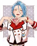  1boy belt blue_hair blush bracelet btpb0912 commentary earrings ensemble_stars! fingernails hands_up heart heart_hands highres himeru_(ensemble_stars!) jewelry long_sleeves looking_at_viewer male_focus open_mouth short_hair solo symbol-only_commentary teeth upper_body upper_teeth_only yellow_eyes 