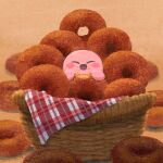  basket blush_stickers closed_eyes doughnut food food_bite food_focus food_on_face happy highres kirby kirby_(series) miclot no_humans open_mouth smile sugar_(food) 