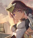  1girl alice_gear_aegis black_gloves brown_hair closed_mouth commentary_request dark_skin fatima_betrorum gloves headpiece highres looking_at_viewer smile solo sunga2usagi sunset violet_eyes 