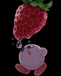  black_background blue_eyes blush_stickers food food_focus fruit highres kirby kirby_(series) looking_up miclot no_humans open_mouth simple_background strawberry walking water_drop 