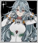  1girl ayanami_rei black_background blue_hair bodysuit border breasts expressionless gloves grey_border highres inu_totemo long_hair looking_at_viewer neon_genesis_evangelion plugsuit rebuild_of_evangelion red_eyes solo sparkle very_long_hair white_bodysuit white_gloves 
