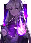  1girl blue_dress book braid cape cloak delsaber dress fire fire_emblem fire_emblem:_the_binding_blade french_braid highres holding holding_book long_hair long_sleeves looking_at_viewer purple_fire purple_hair simple_background solo sophia_(fire_emblem) very_long_hair violet_eyes white_background 