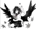  1girl asakura_maru bird_wings closed_mouth full_body greyscale hat leaf looking_at_viewer maple_leaf medium_hair monochrome pom_pom_(clothes) seiza shameimaru_aya sitting skirt smile solo tengu tokin_hat touhou white_background wings 