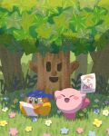  bandana bandana_waddle_dee blue_bandana blue_flower blush_stickers brown_eyes closed_eyes flower forest grass highres holding holding_paper kirby kirby_(series) miclot nature no_humans open_mouth paper pink_flower smile tree whispy_woods white_flower yellow_flower 