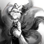  1girl da_kong_moshu_shi dress fox_girl fox_tail frilled_hat frills greyscale hair_over_one_eye hat highres kitsune kyuubi long_sleeves monochrome multiple_tails parted_lips short_hair simple_background solo tabard tail touhou white_background yakumo_ran 