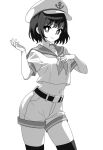  1girl anchor_symbol bright_pupils closed_mouth cowboy_shot greyscale hand_up hat looking_at_viewer midriff monochrome murasa_minamitsu neckerchief onkn_sxkn peaked_cap sailor_collar sailor_shirt shirt short_hair short_sleeves shorts simple_background smile solo thigh-highs touhou white_background 