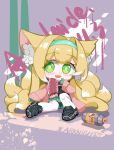  1girl absurdres adelaide_(user_teuz4733) alternate_costume animal_ear_fluff animal_ears aqua_hairband arknights black_footwear blush_stickers chibi chinese_commentary commentary_request fox_ears fox_girl fox_tail full_body graffiti green_eyes green_mittens green_skirt hairband highres jacket kitsune kyuubi long_sleeves looking_at_viewer miniskirt mittens multiple_tails open_mouth pink_jacket pleated_skirt red_scarf scarf shoes skirt sneakers solo spray_can spray_paint suzuran_(arknights) tail teeth thigh-highs upper_teeth_only white_thighhighs 