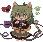  1girl :3 animal_ear_fluff animal_ears bright_pupils buttons cat_ears cat_tail collared_shirt cropped_legs diamond_button eyeball fang frilled_shirt frilled_shirt_collar frilled_skirt frilled_sleeves frills green_hair green_skirt hands_up hat heart jaggy_lines kemonomimi_mode koishi_komeiji&#039;s_heart-throbbing_adventure komeiji_koishi long_sleeves medium_hair no_headwear open_mouth paw_pose paw_print shirt simple_background skirt solo tail third_eye touhou wavy_hair white_background wide_sleeves yellow_shirt zunusama 