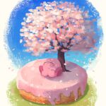  blue_sky cherry_blossoms closed_eyes closed_mouth doughnut falling_petals flower food grass highres icing kirby kirby_(series) miclot petals pink_flower red_footwear shoes sky tree 