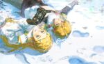  blonde_hair braid coat footprints hair_ornament ling5707 link long_hair lying on_back princess_zelda sheikah_slate snow the_legend_of_zelda the_legend_of_zelda:_breath_of_the_wild winter winter_clothes winter_coat winter_uniform 