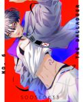  1boy alternate_costume bishounen cowboy_shot english_text genshin_impact highres male_focus midriff purple_hair red_background scaramouche_(genshin_impact) short_hair simple_background solo sooseok33 stomach_tattoo tattoo tongue tongue_out violet_eyes 