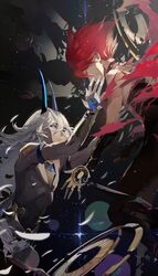  2boys arjuna_(fate) arjuna_alter_(fate) blue_eyeshadow closed_eyes cracked_skin dark_skin death disintegration eyeshadow facing_another fate/grand_order fate_(series) grey_eyes hair_between_eyes highres horns jmoonax karna_(fate) long_hair makeup male_focus multiple_boys reaching_towards_another red_eyeshadow redhead short_hair siblings star_(sky) super_karna_(fate) white_hair 