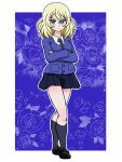  1girl bc_freedom_school_uniform black_dress black_footwear black_socks blonde_hair blue_background blue_cardigan blue_eyes blue_necktie cardigan closed_mouth commentary crossed_arms dress dress_shirt floral_background frown full_body girls_und_panzer loafers long_sleeves looking_at_viewer mary_janes medium_hair messy_hair necktie oshida_(girls_und_panzer) outline pinafore_dress school_uniform shirt shoes short_dress sleeveless sleeveless_dress socks solo standing takahashi_kurage textless_version white_outline white_shirt wing_collar 