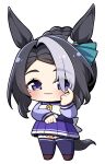  1girl :3 animal_ears black_hair blush bow chibi closed_mouth commentary_request ear_ornament full_body highres horse_ears horse_girl horse_tail long_sleeves looking_at_viewer mejiro_ramonu_(umamusume) multicolored_hair pleated_skirt plover purple_serafuku purple_shirt purple_skirt purple_thighhighs school_uniform serafuku shirt short_hair simple_background skirt solo streaked_hair tail thigh-highs tracen_school_uniform umamusume violet_eyes white_background white_bow white_hair winter_uniform 