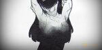  1girl arms_behind_head black_hair breasts covered_eyes crack cropped_legs gradient_background long_hair photo_(object) solo something_truly_evil standing world_of_horror xqxbi 