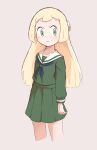  1girl absurdres alternate_costume blonde_hair blunt_bangs blush closed_mouth eyelashes green_eyes green_serafuku green_skirt highres julian0223 lillie_(pokemon) long_hair looking_to_the_side odaiba_middle_school_uniform pink_background pokemon pokemon_(anime) pokemon_(game) pokemon_sm school_uniform serafuku skirt smile 