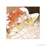  1girl brown_eyes chinese_commentary closed_mouth collared_shirt commentary_request long_hair long_sleeves on_bed orange_hair pajamas pill reverse:1999 rubbing_eyes shirt solo sonetto_(reverse:1999) two_side_up under_covers waking_up yellow_shirt zi_shu_hongwaixian 